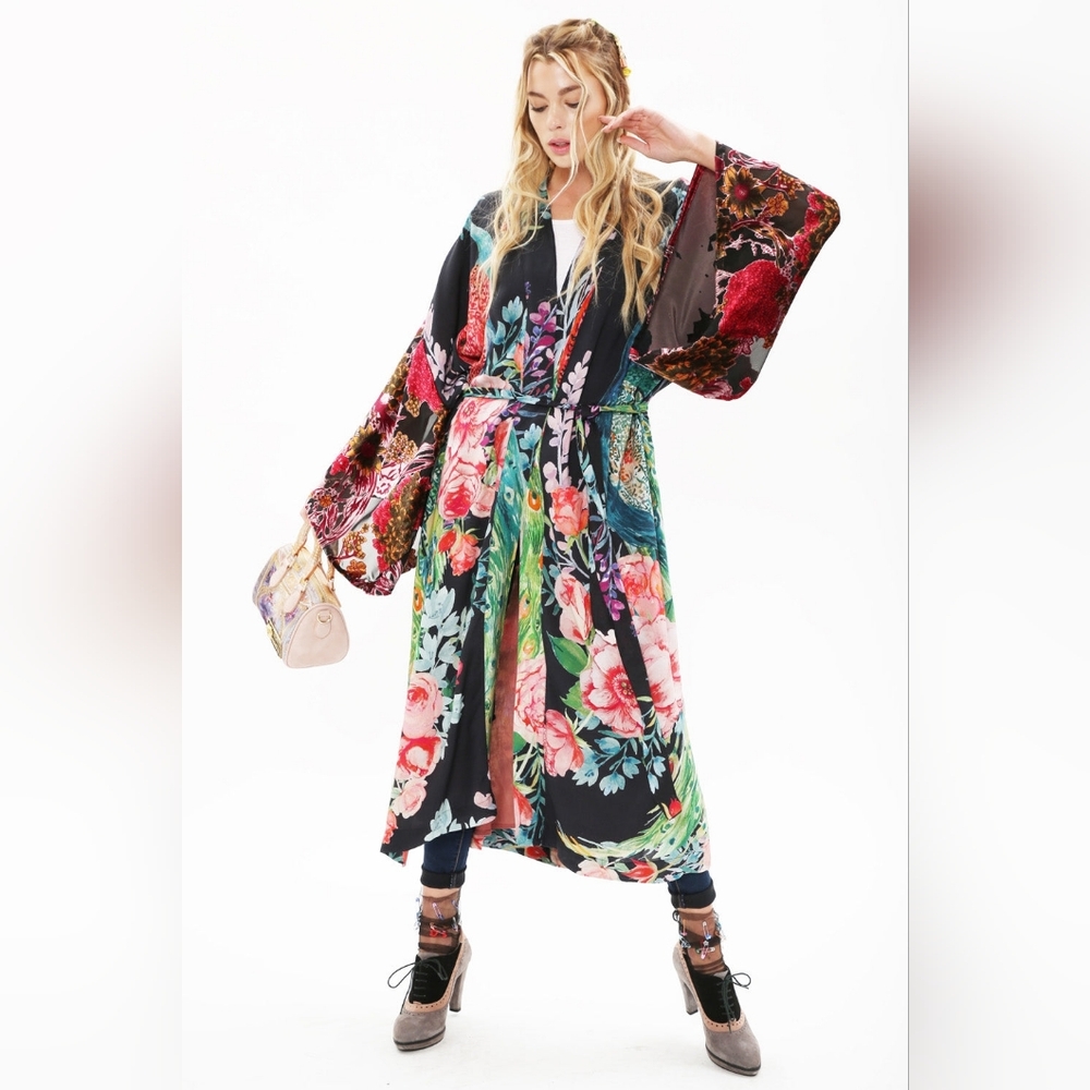 Aratta Black Floral Kimono Duster with Multicolor Blooms